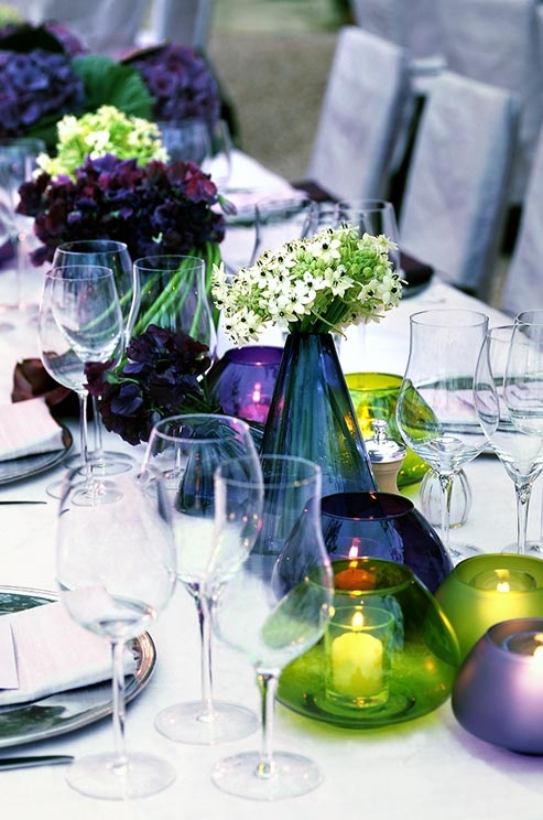 Shades of purple and blues with hints of green tablescape